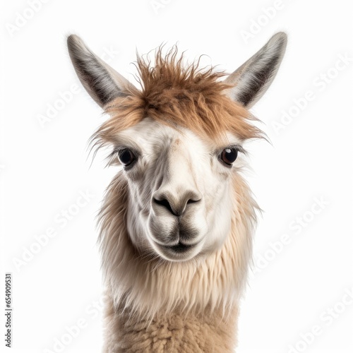 llama face shot isolated on white background cutout, Generative AI