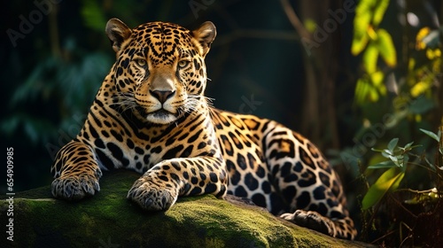 A majestic jaguar resting on a moss-covered jungle rock  its powerful presence and spotted coat blending with the natural beauty of the rainforest.