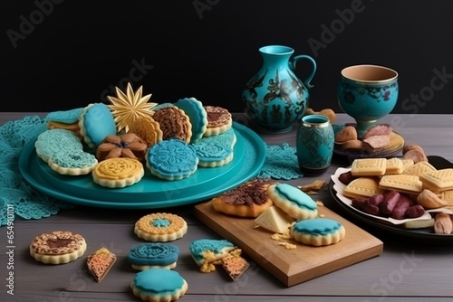 Joyful Eid celebration with Indonesian cookies, stunning 3D design, and Islamic adornments. Generative AI