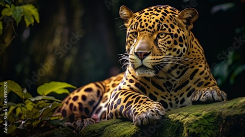 A regal jaguar resting on a moss-covered jungle rock, its powerful presence and spotted coat blending seamlessly with the natural beauty of the rainforest.