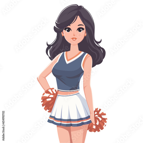 Cheerleader girl flat style vector illustration, cute female cheerleader holding pom poms stock vector image, girl wearing a cute cheerleader outfit, short frock, dress, short skirt stock vector image