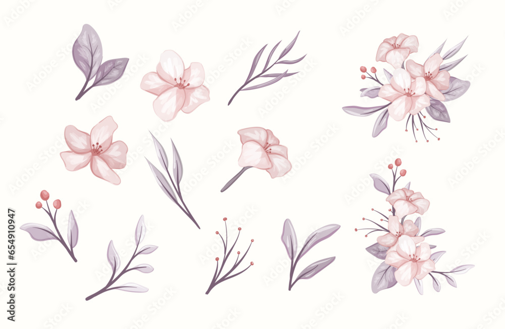 pastel pink and purple floral collection - obrazy, fototapety, plakaty 