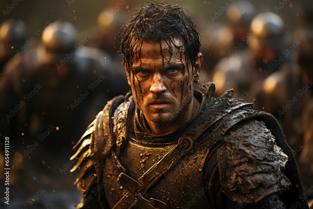 A roman style soldier standing in an epic historical battle A roman style soldier standing in an epic historical battle