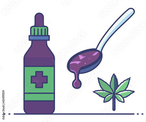 Spoon full of cannabis oil medicine vector illustration, weed products, marijuana, dope, pot, grass, weed, head, Mary Jane, doobie, bud, ganja, hashish, hash, bhang stock vector image