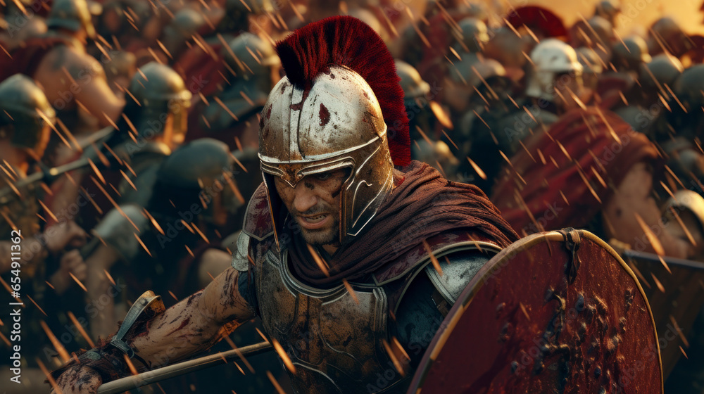 A roman style soldier standing in an epic historical battle