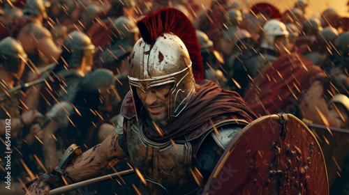 A roman style soldier standing in an epic historical battle