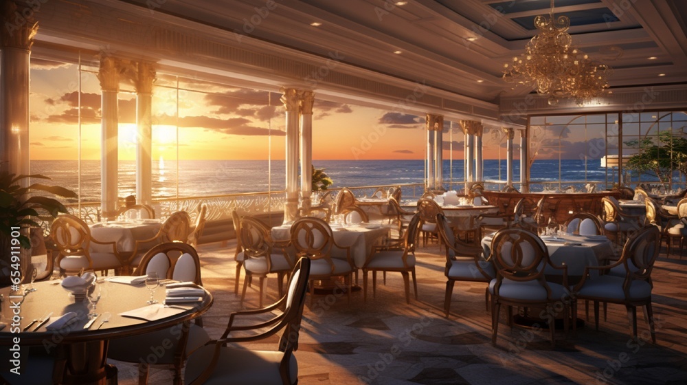 A grand restaurant interior with a timeless design, where diners can enjoy culinary excellence while watching the sun set over the tranquil sea.