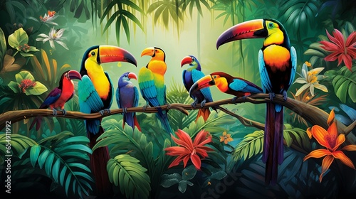 A group of colorful toucans perched on a branch, their vibrant beaks and plumage adding a burst of color to the lush green jungle.