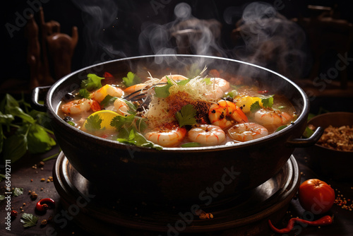 A steaming bowl of Tom Yum Goong, brimming with plump shrimp, aromatic lemongrass, and fiery chili peppers