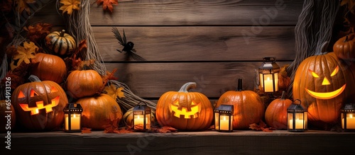 Rustic Halloween card with pumpkin lanterns on wooden stairs surrounded by rowan bunches in autumn orange with copyspace for text