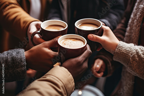 People's hands holding mugs of coffee. 