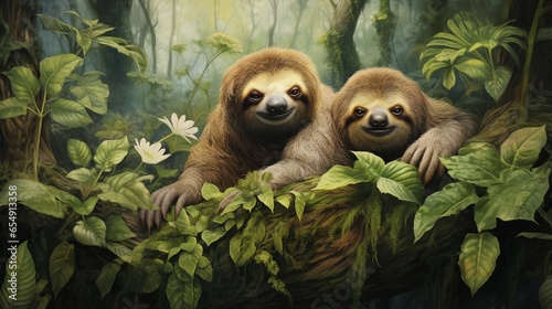 A pair of enchanting sloths nestled in the jungle canopy  their slow and deliberate movements adding a sense of tranquility to the lush environment.