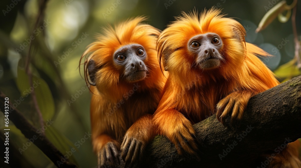 A pair of striking golden lion tamarins perched in the jungle canopy, their vivid orange fur and expressive faces capturing the essence of the jungle.