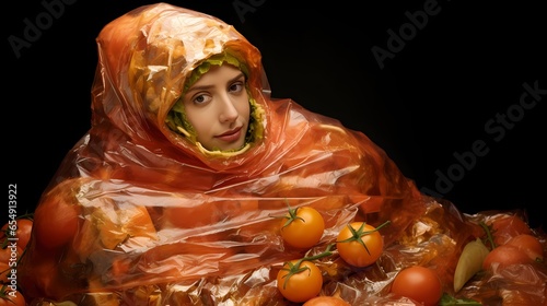 Beautiful young woman in a plastic bag with vegetables on a black background photo