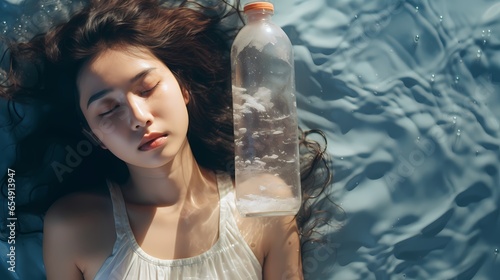 Top view of young asian woman lying in swimming pool with bottle of water photo