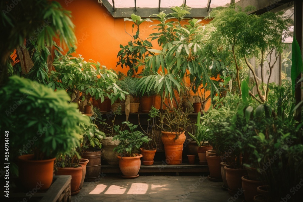 A variety of lush green house plants in identical clay orange pots, creating a home jungle with vertically growing plants and selective focus. Generative AI - obrazy, fototapety, plakaty 