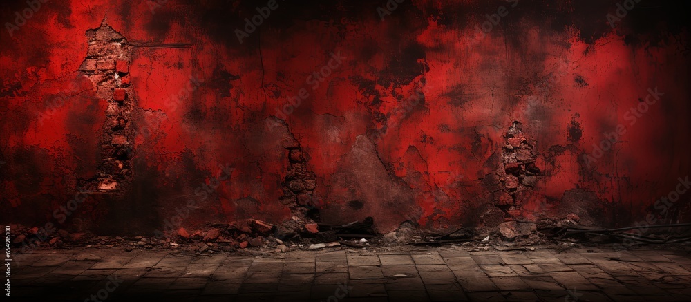 Eerie and spooky red wall background for Halloween and horror theme with copyspace for text - obrazy, fototapety, plakaty 