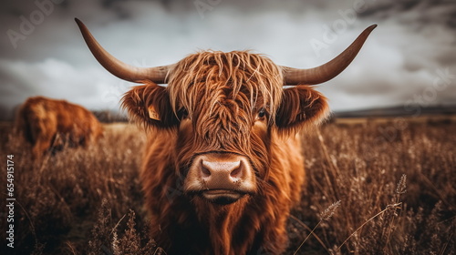 Scottish highland cow in the field, Scotland, UK. photo