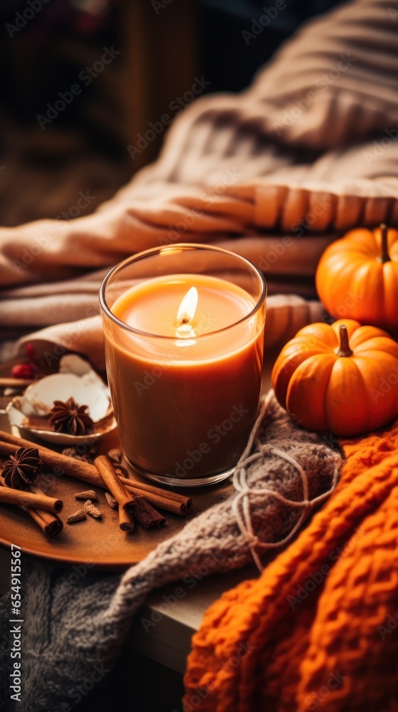 Cozy fall vibes. pumpkin spice and candles Cozy fall vibes. pumpkin spice and candles