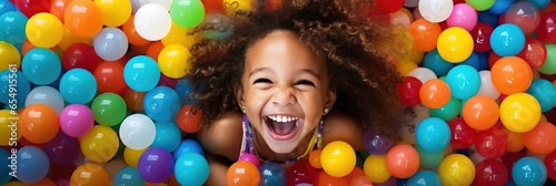 Banner laughing child girl having fun in ball pit on birthday party in kids amusement park and indoor play center, laughing, playing with colorful balls in playground ball pool.