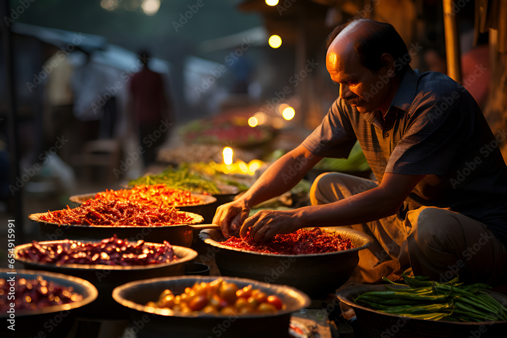 An Indian man sells colorful spices, powders and herbs at a traditional street market in India - obrazy, fototapety, plakaty 