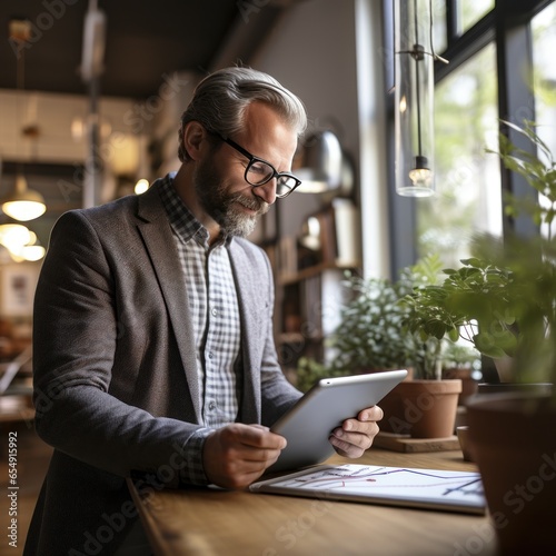Man with tablet and growth chart in background