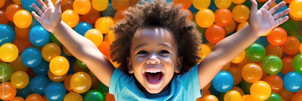 Banner laughing child boy having fun in ball pit on birthday party in kids amusement park and indoor play center, laughing, playing with colorful balls in playground ball pool. - obrazy, fototapety, plakaty 