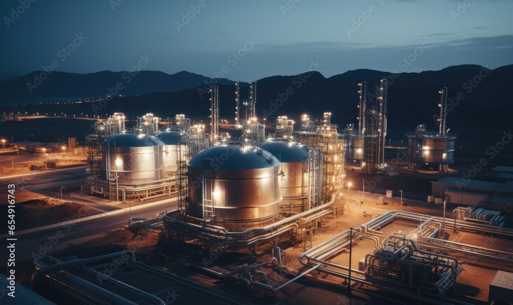 Modern industrial plant. Big oil tanks in refinery base. Storage of chemical products like oil, petrol, gas. Aerial view of petrol industrial zone at night.