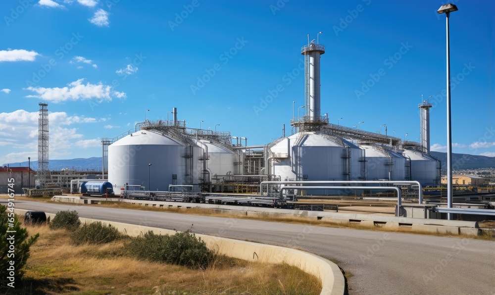 Modern industrial plant. Big oil tanks in refinery base. Storage of chemical products like oil, petrol, gas. Aerial view of petrol industrial zone. Modern industrial plant. Big oil tanks in refinery base. Storage of chemical products like oil, petrol, gas. Aerial view of petrol industrial zone.