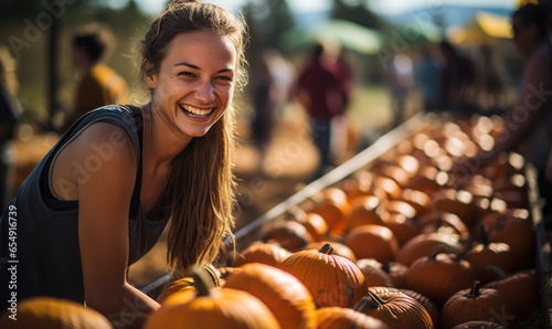 Laughing teenager girl in pumpkin patch. Beautiful teen girl taking photo in orange pumpkins at farm market. Happy Halloween and Thanksgiving.