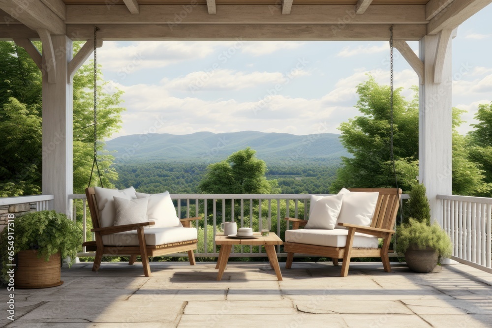 Fototapeta premium Spacious Veranda with Panoramic Mountain Views: Elegant Lounge Chairs, Potted Plants, and a Serene Overlook of Rolling Hills and Cloudy Sky Vermont Scene Colorado Mock Up