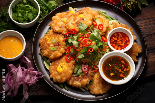 A colorful platter of crispy Thai fish cakes (Tod Mun Pla) served with sweet chili sauce
