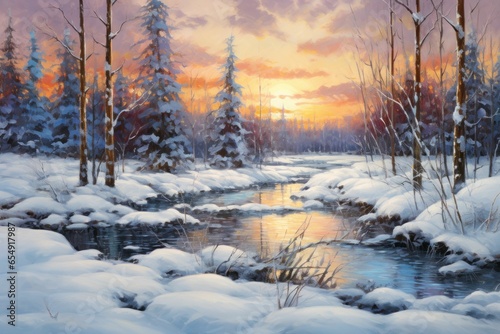 Snowy winter landscape with snow covered pine trees and snowy ground sunset painting with river 
