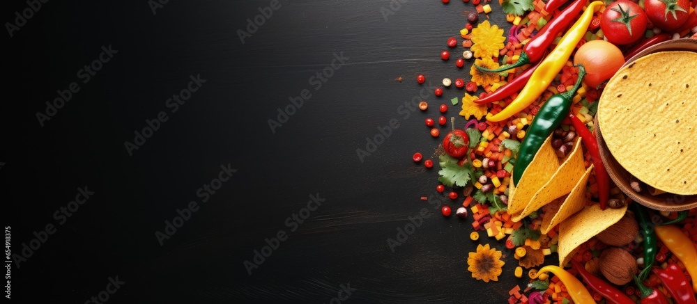 Colorful Mexican food background with sombrero in Mexico with copyspace for text