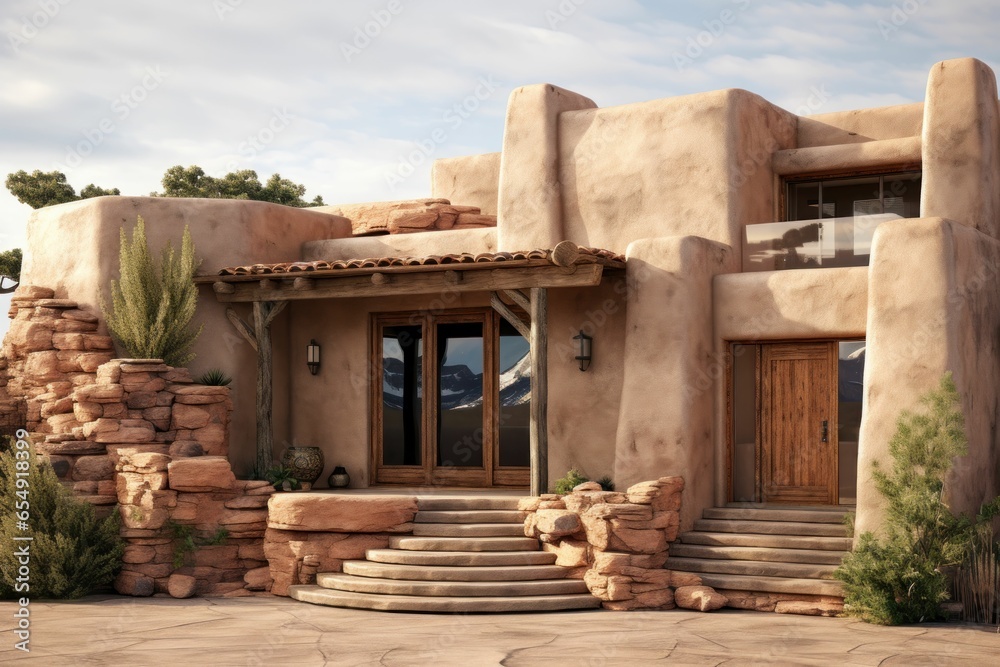 Off white New Mexico building outside 3D rendering, photo realistic, exterior stucco house in New Mexico Landscape