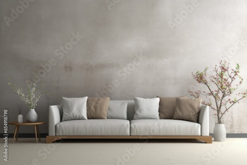 Contemporary gray sofa in living room, grey tones, simple minimalistic interior space, accent plants and end table, 3D rendering