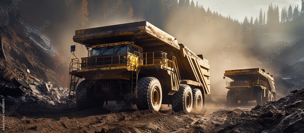 Mining truck transporting various minerals on a dirt road in a forest with copyspace for text Mining truck transporting various minerals on a dirt road in a forest with copyspace for text