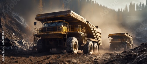 Mining truck transporting various minerals on a dirt road in a forest with copyspace for text