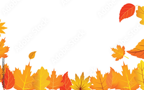 Seasonal Autumn Background Featuring a Long Horizontal Border Composed of Falling Golden, Red, and Orange Leaves Against an Isolated Background. Hello Autumn Vector Illustration.