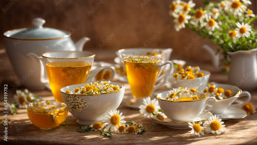 Fresh tea in cups, chamomile flower Fresh tea in cups, chamomile flower