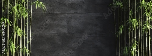 banner empty template Bali style dark grey wall background for text, green bamboo banana, minimalism, copyspace with shiny sunlight rays.