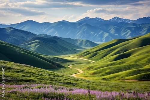 A mesmerizing landscape showcasing rolling hills blanketed in vibrant wildflowers, with majestic mountains in the distance. 