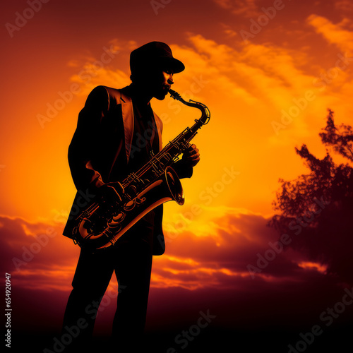 Silhouette of a man playing the saxophone