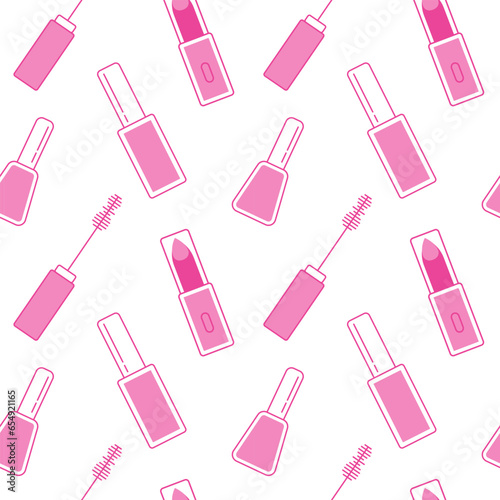 Seamless pattern of makeup beauty cosmetic elements on white background. Pink cosmetic vector pattern