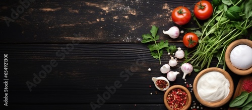 Homemade pizza ingredients on wooden background with copyspace for text