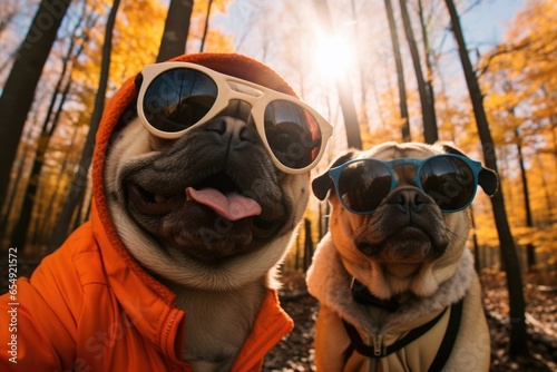 Two dogs are taking selfies in a forest wearing sunglasses, sunny autumn fall day in the forest with tall trees. 