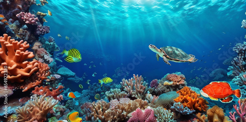 beautiful sea Turtle with group of colorful fish and sea animals with colorful coral underwater in ocean, sun rays, blue background