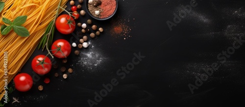 Italian cuisine Top view of black stone background with cooking tagliatelle pasta and ingredients with copyspace for text