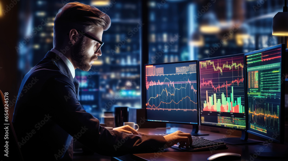 A finance analysts analyzes stock crypto trading charts. For covers, banners and other projects about trading. A finance analysts analyzes stock crypto trading charts. For covers, banners and other projects about trading.