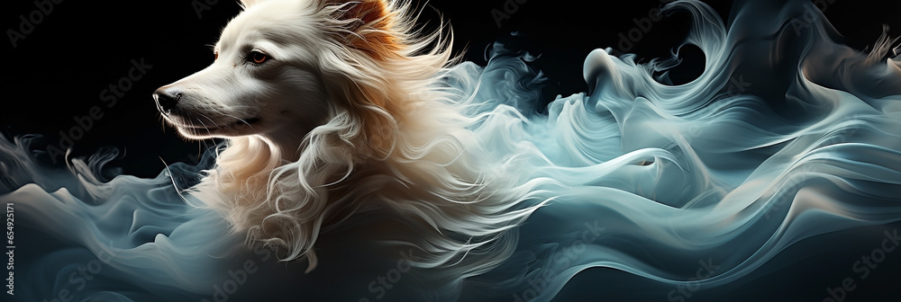 A wide banner image of a adorable white puppy coming out of white smoke in black background 